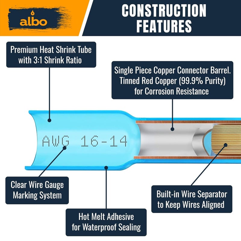 ALBO Set 400 PCS 26-10 AWG Mixing Heat Shrink Butt Connectors - Tinned Copper - Marine Grade Insulated Crimp Wire Connectors - Waterproof Electrical Connectors - Butt Splice for Auto, Marine, Stereo - Image 5